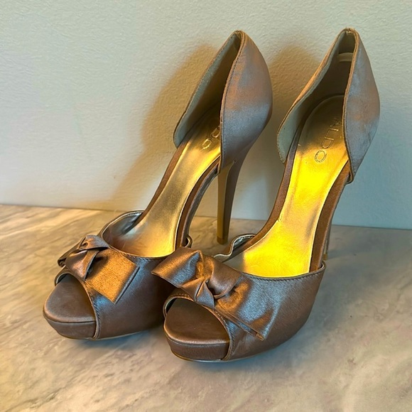 Aldo Shoes - Aldo taupe satin platform peep toe bow detail stiletto heel sz 39
